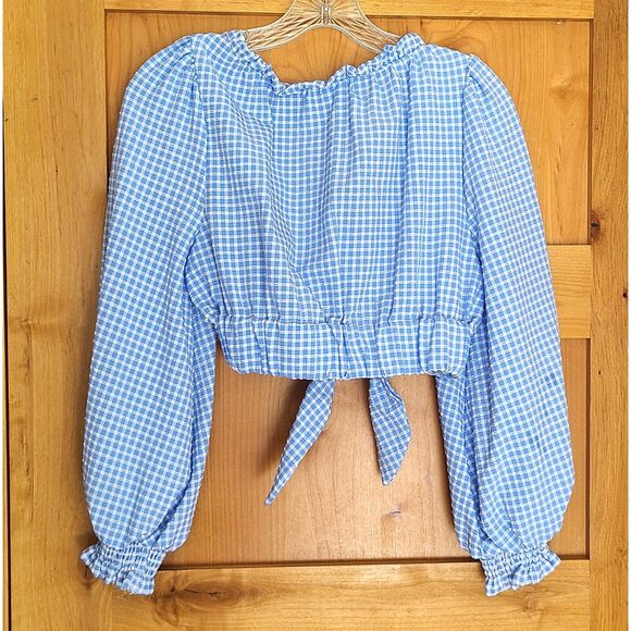 Zara XS Cropped Peasant Cottagecore Beachy Long Puff Sleeve Blouse Gingham Blue - Picture 2 of 4